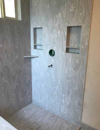 seamless shower corian gray onyx bench seat hidden drain 10 x 18 niches